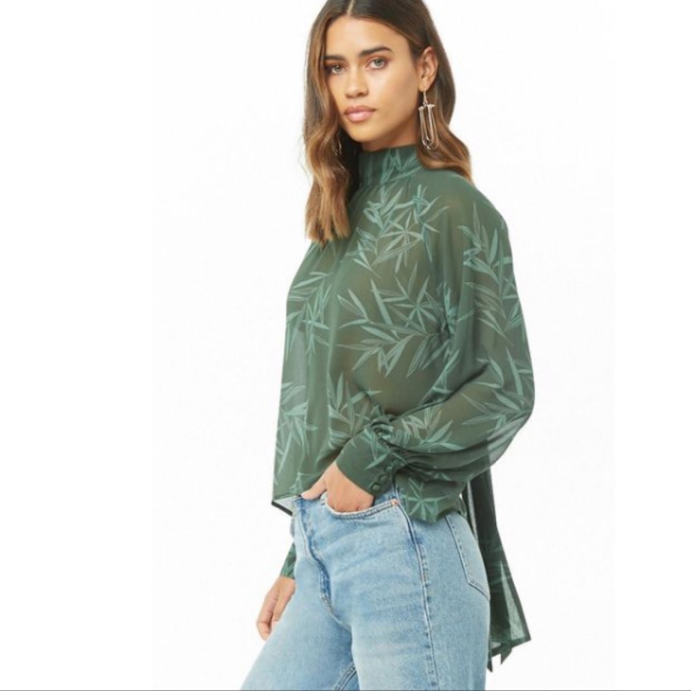 F21 Sheer Leaf Print Pussycat Bow Top | Blouse
